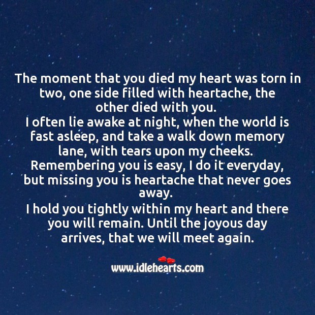The moment that you died my heart was torn in two. Missing You Quotes Image