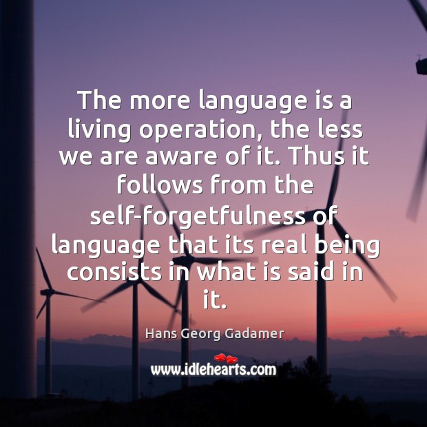 The more language is a living operation, the less we are aware of it. Hans Georg Gadamer Picture Quote