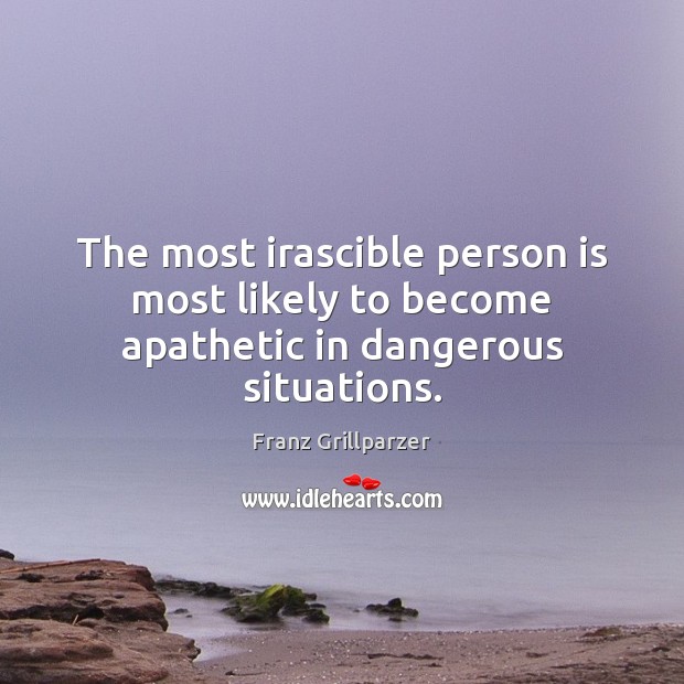 The most irascible person is most likely to become apathetic in dangerous situations. Franz Grillparzer Picture Quote