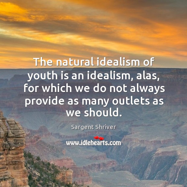 The natural idealism of youth is an idealism, alas, for which we do not always provide as many outlets as we should. Sargent Shriver Picture Quote