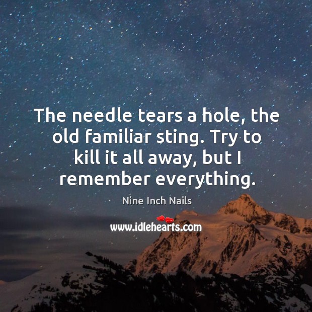 The needle tears a hole, the old familiar sting. Try to kill it all away, but I remember everything. Image