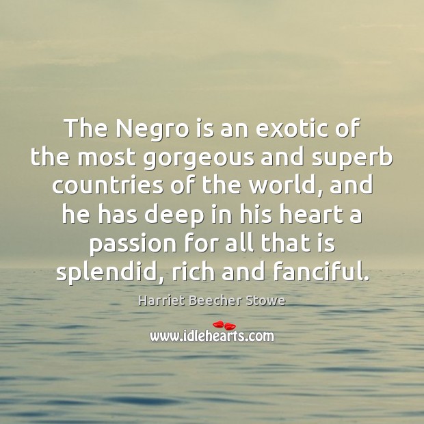 The Negro is an exotic of the most gorgeous and superb countries Harriet Beecher Stowe Picture Quote