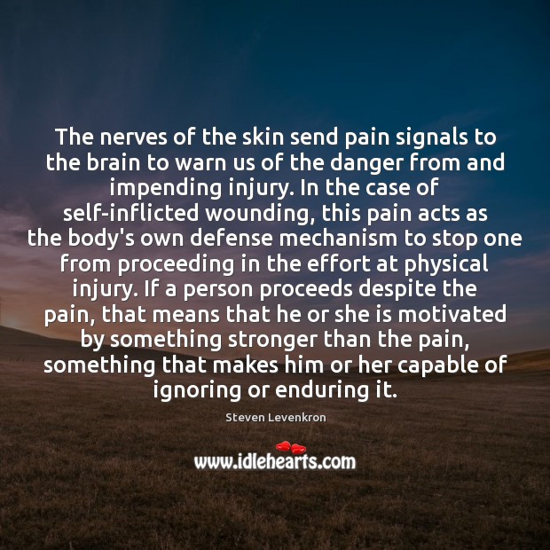 The nerves of the skin send pain signals to the brain to 
