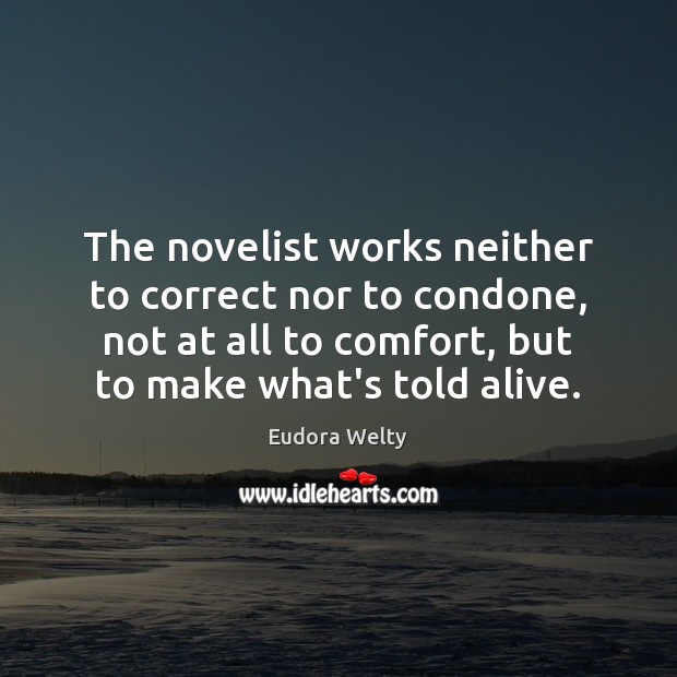 The novelist works neither to correct nor to condone, not at all Eudora Welty Picture Quote