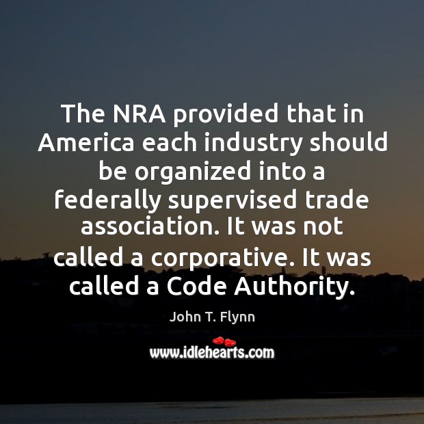 The NRA provided that in America each industry should be organized into John T. Flynn Picture Quote