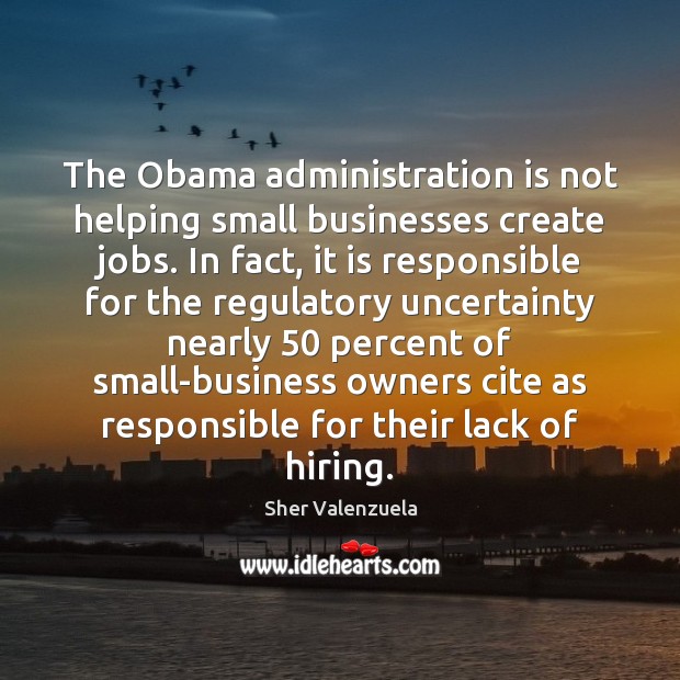 The Obama administration is not helping small businesses create jobs. In fact, Sher Valenzuela Picture Quote