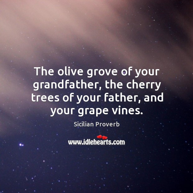 The olive grove of your grandfather, the cherry trees of your father, and your grape vines. Sicilian Proverbs Image