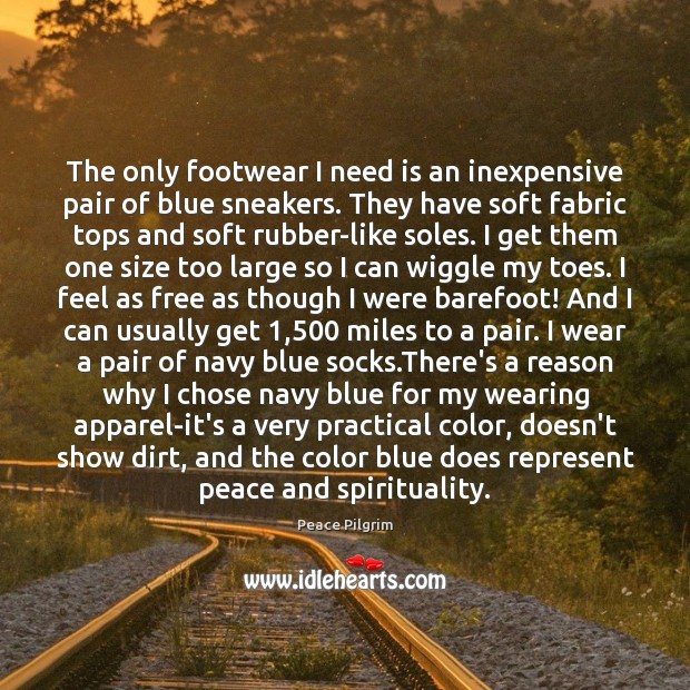 The only footwear I need is an inexpensive pair of blue sneakers. Peace Pilgrim Picture Quote