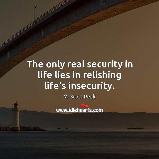 The only real security in life lies in relishing life’s insecurity. M. Scott Peck Picture Quote