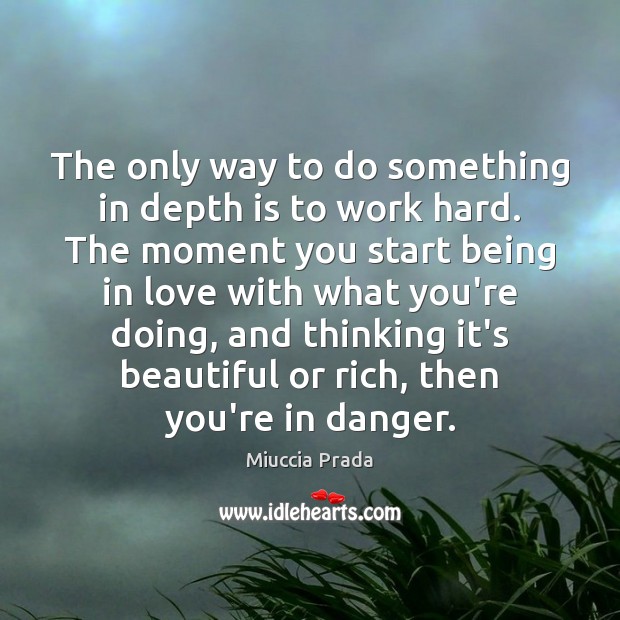 The only way to do something in depth is to work hard. Miuccia Prada Picture Quote