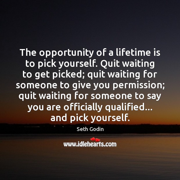 The opportunity of a lifetime is to pick yourself. Quit waiting to Seth Godin Picture Quote