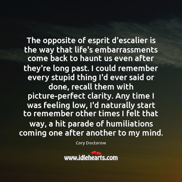 The opposite of esprit d’escalier is the way that life’s embarrassments come Cory Doctorow Picture Quote