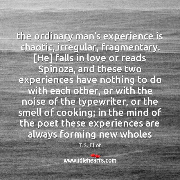The ordinary man’s experience is chaotic, irregular, fragmentary. [He] falls in love T.S. Eliot Picture Quote