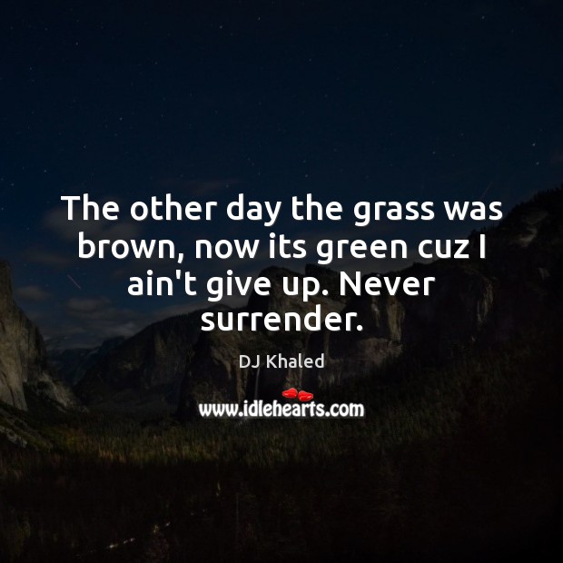 The other day the grass was brown, now its green cuz I ain’t give up. Never surrender. DJ Khaled Picture Quote