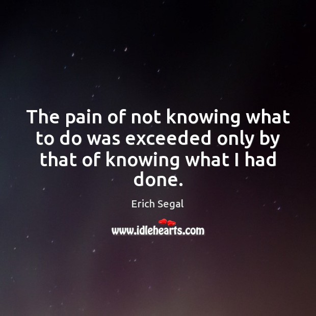 The pain of not knowing what to do was exceeded only by that of knowing what I had done. Erich Segal Picture Quote