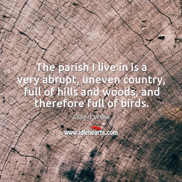 The parish I live in is a very abrupt, uneven country, full of hills and woods, and therefore full of birds. Gilbert White Picture Quote