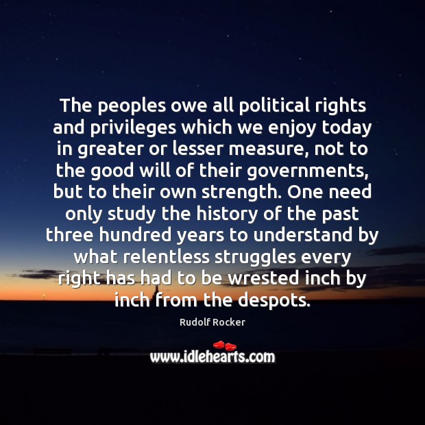 The peoples owe all political rights and privileges which we enjoy today Rudolf Rocker Picture Quote