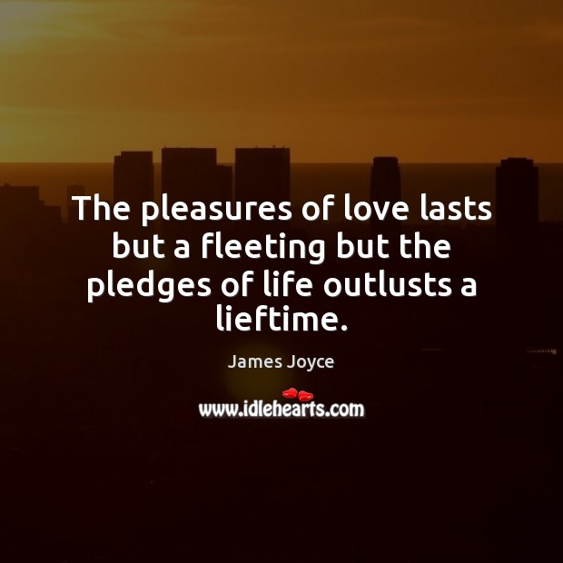 The pleasures of love lasts but a fleeting but the pledges of life outlusts a lieftime. James Joyce Picture Quote