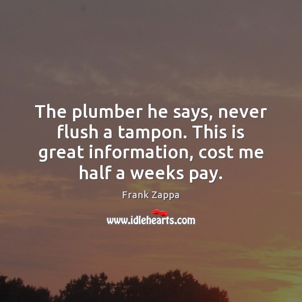 The plumber he says, never flush a tampon. This is great information, Frank Zappa Picture Quote