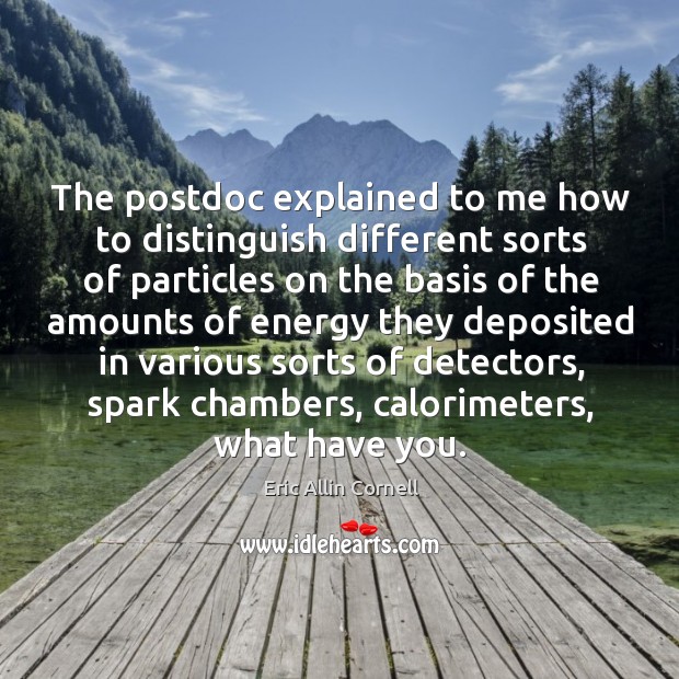 The postdoc explained to me how to distinguish different sorts of particles on the Eric Allin Cornell Picture Quote
