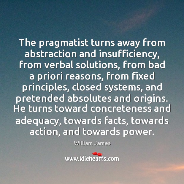 The pragmatist turns away from abstraction and insufficiency, from verbal solutions, from William James Picture Quote