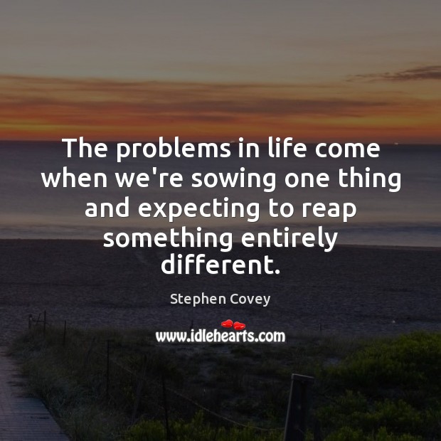 The problems in life come when we’re sowing one thing and expecting Stephen Covey Picture Quote