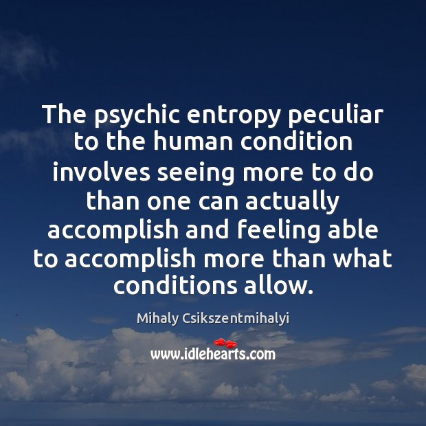 The psychic entropy peculiar to the human condition involves seeing more to Mihaly Csikszentmihalyi Picture Quote
