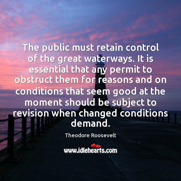 The public must retain control of the great waterways. It is essential Theodore Roosevelt Picture Quote
