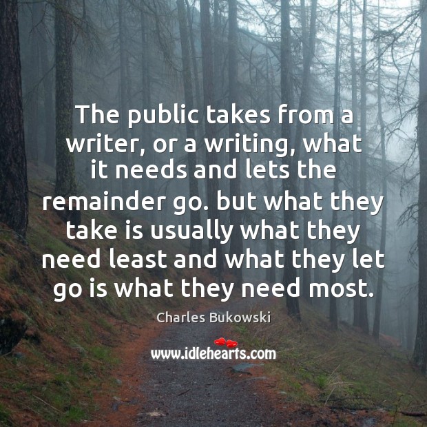 The public takes from a writer, or a writing, what it needs Charles Bukowski Picture Quote