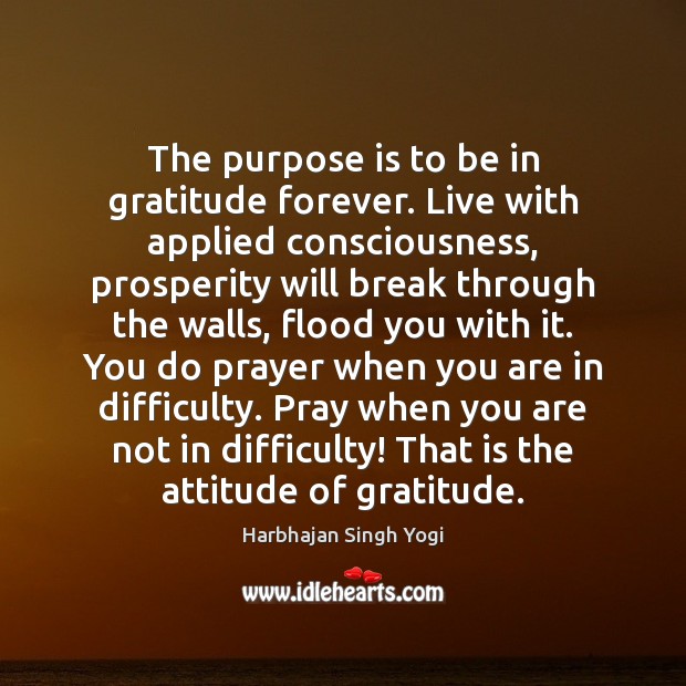 The purpose is to be in gratitude forever. Live with applied consciousness, Harbhajan Singh Yogi Picture Quote