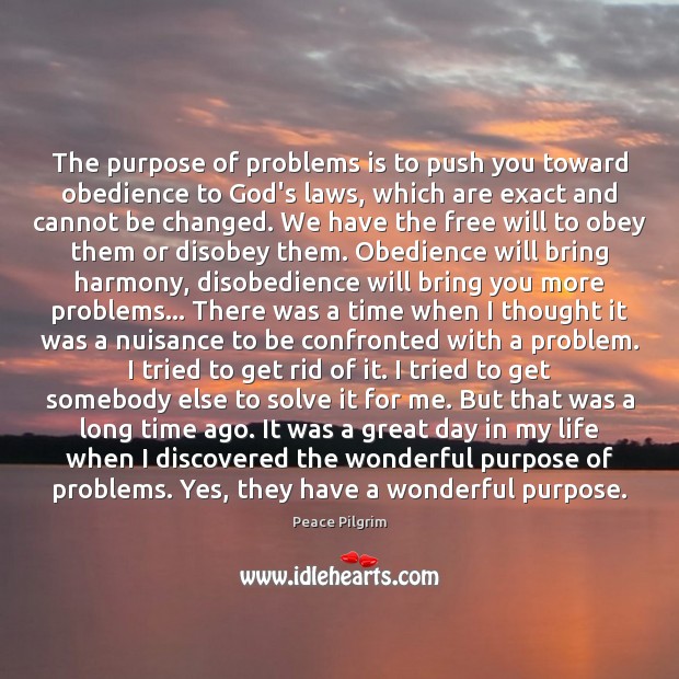The purpose of problems is to push you toward obedience to God’s Peace Pilgrim Picture Quote