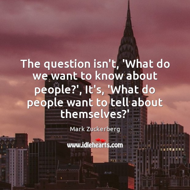 The question isn’t, ‘What do we want to know about people?’, Mark Zuckerberg Picture Quote