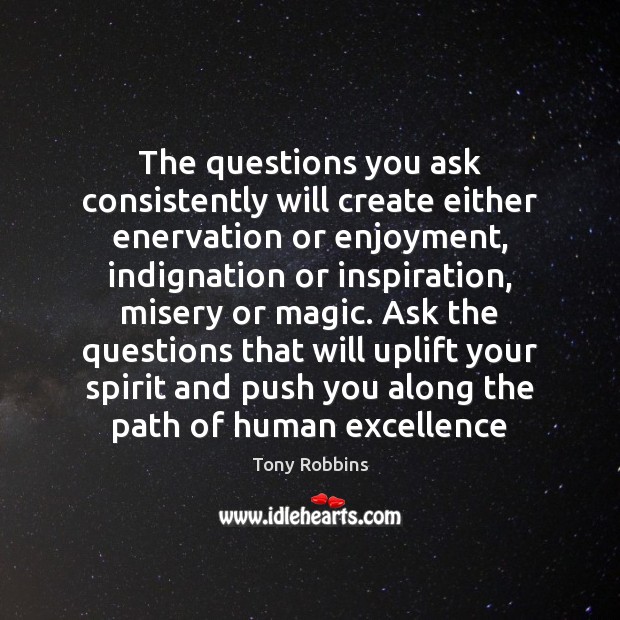 The questions you ask consistently will create either enervation or enjoyment, indignation Tony Robbins Picture Quote