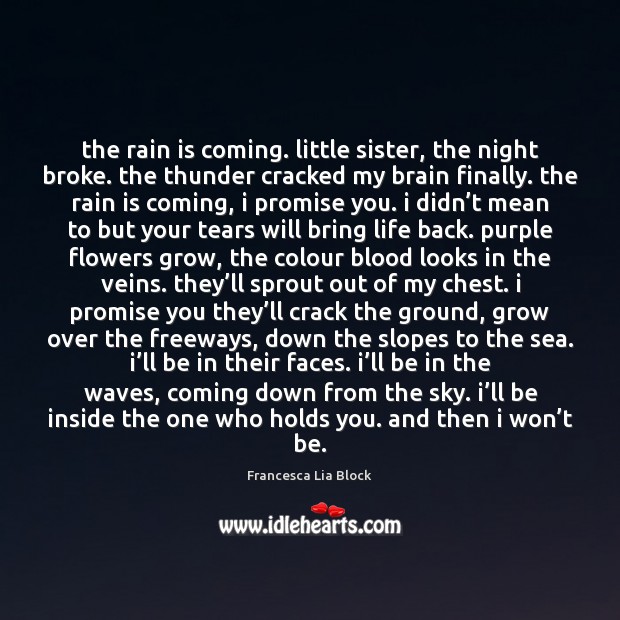 The rain is coming. little sister, the night broke. the thunder cracked Francesca Lia Block Picture Quote
