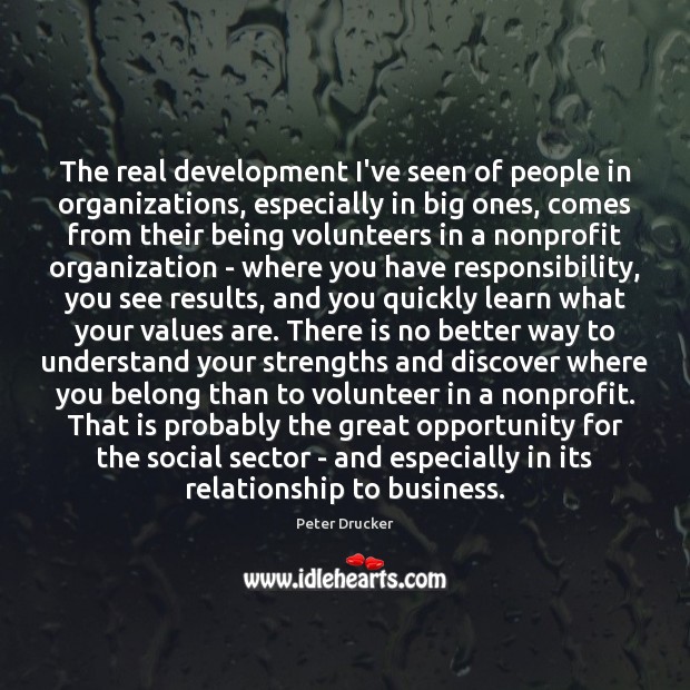 The real development I’ve seen of people in organizations, especially in big Peter Drucker Picture Quote