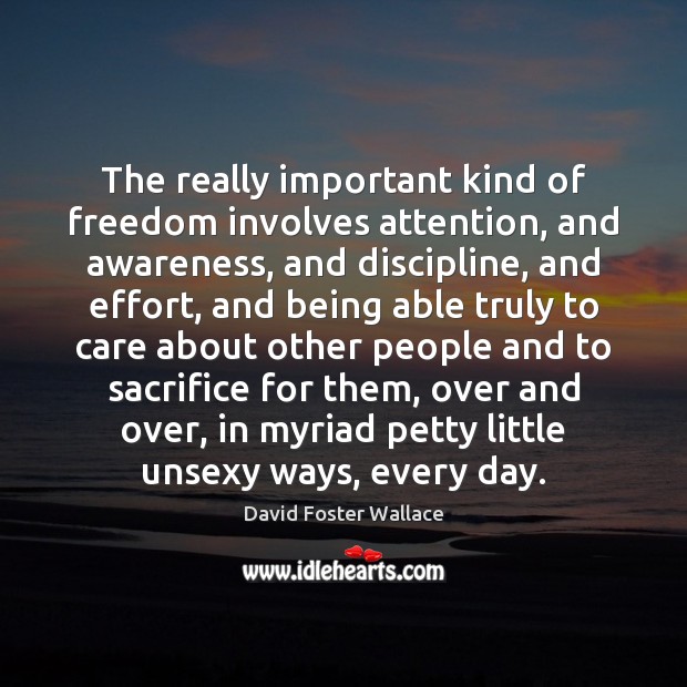 The really important kind of freedom involves attention, and awareness, and discipline, David Foster Wallace Picture Quote