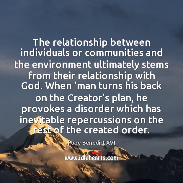 The relationship between individuals or communities and the environment ultimately stems from Pope Benedict XVI Picture Quote