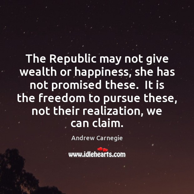 The Republic may not give wealth or happiness, she has not promised Andrew Carnegie Picture Quote