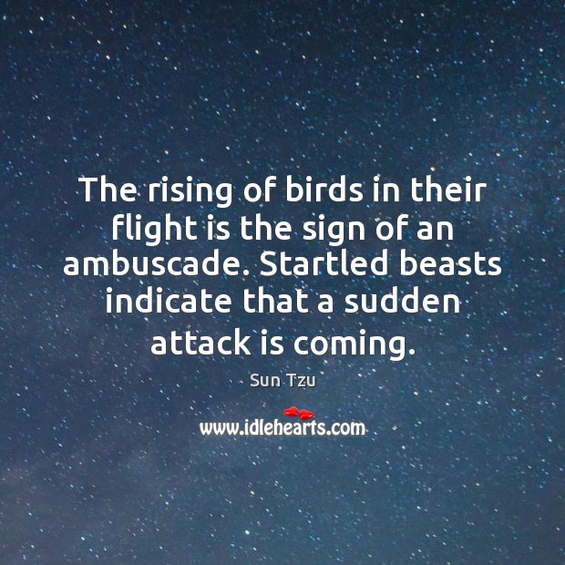 The rising of birds in their flight is the sign of an Sun Tzu Picture Quote