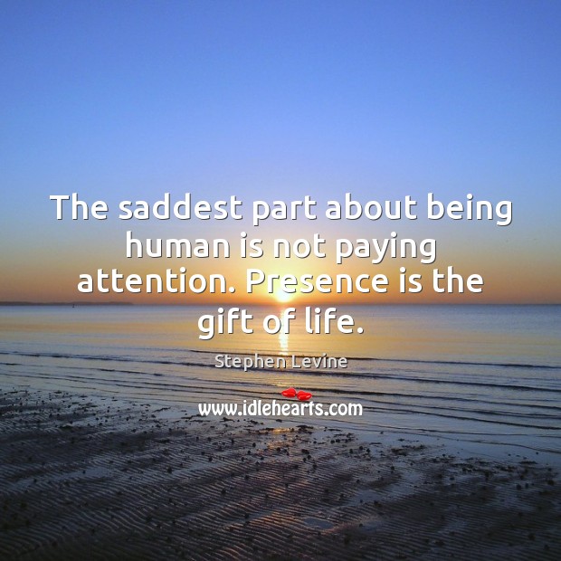 The saddest part about being human is not paying attention. Presence is the gift of life. Stephen Levine Picture Quote