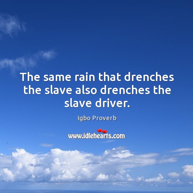 The same rain that drenches the slave also drenches the slave driver. Igbo Proverbs Image