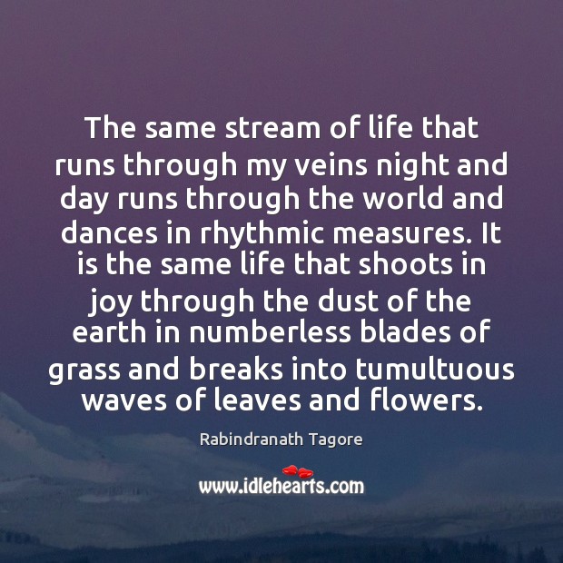 The same stream of life that runs through my veins night and Rabindranath Tagore Picture Quote