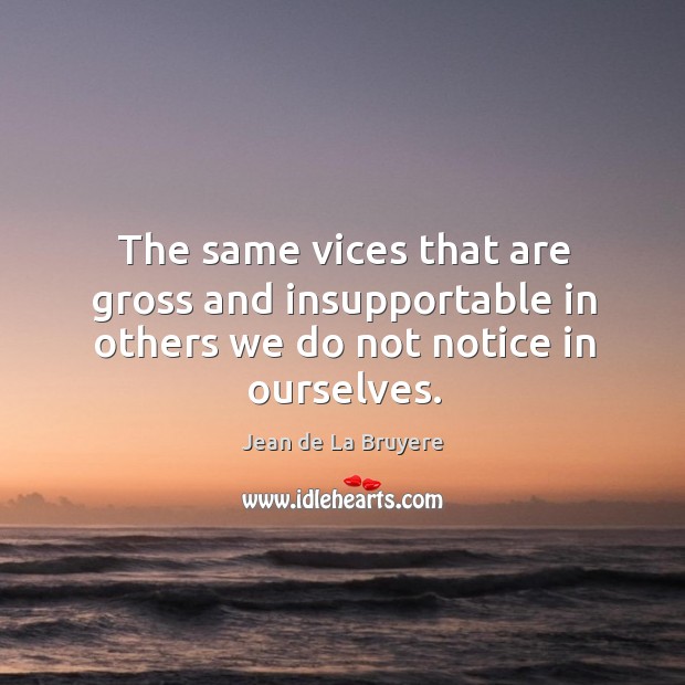 The same vices that are gross and insupportable in others we do not notice in ourselves. Jean de La Bruyere Picture Quote