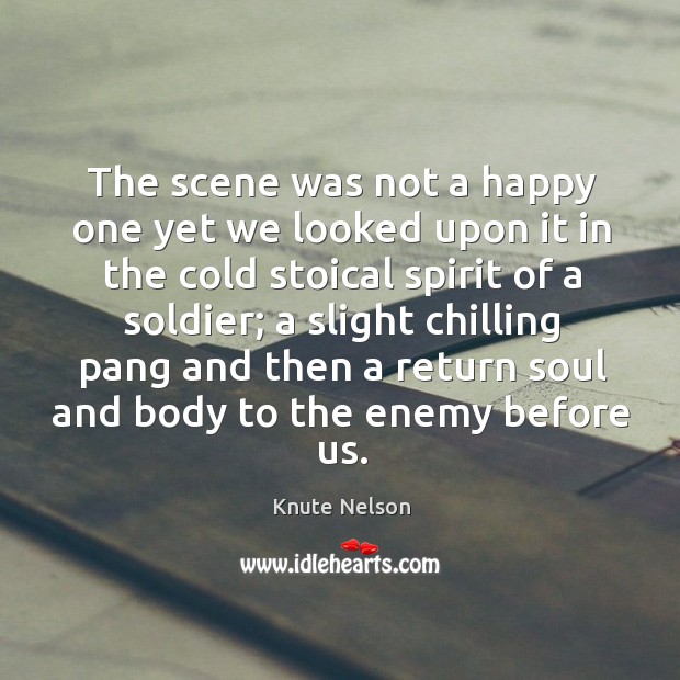 The scene was not a happy one yet we looked upon it in the cold stoical spirit of a soldier; Knute Nelson Picture Quote