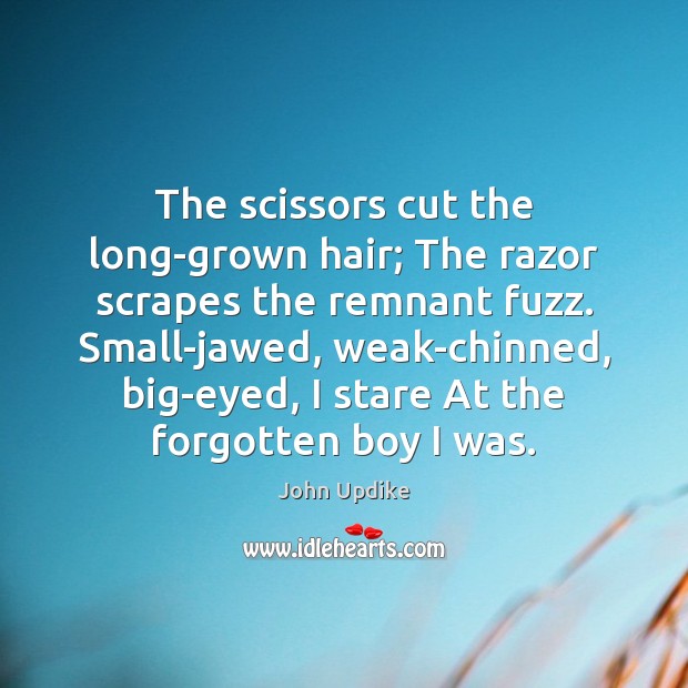 The scissors cut the long-grown hair; The razor scrapes the remnant fuzz. Image