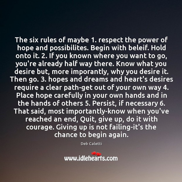 The six rules of maybe 1. respect the power of hope and possibilites. Deb Caletti Picture Quote