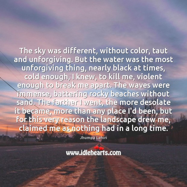 The sky was different, without color, taut and unforgiving. But the water Jhumpa Lahiri Picture Quote
