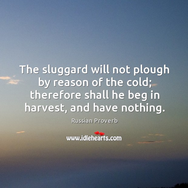 The sluggard will not plough by reason of the cold; therefore shall he beg in harvest, and have nothing. Russian Proverbs Image