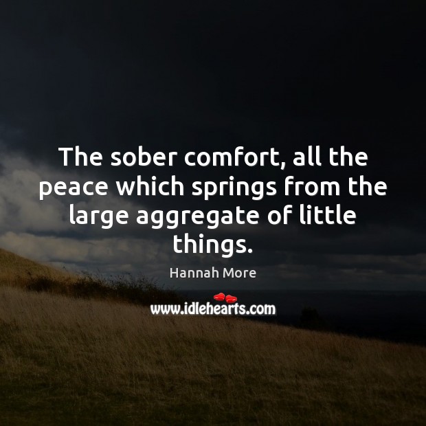 The sober comfort, all the peace which springs from the large aggregate of little things. Hannah More Picture Quote