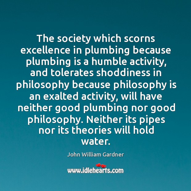 The society which scorns excellence in plumbing because plumbing is a humble activity John William Gardner Picture Quote